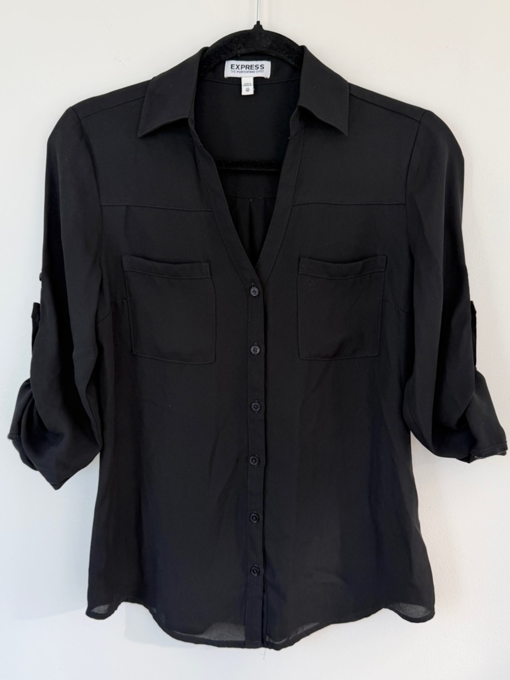 Express Black Button-Front Collared Shirt with Roll-Tab Sleeves